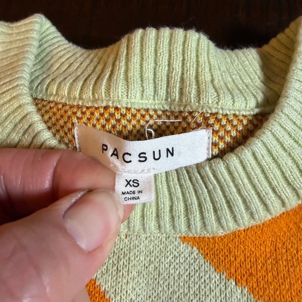 PacSun Tropical Palm Tree Sunset Intarsia Knit Sweater XS Orange Blue Cotton - Picture 4 of 8